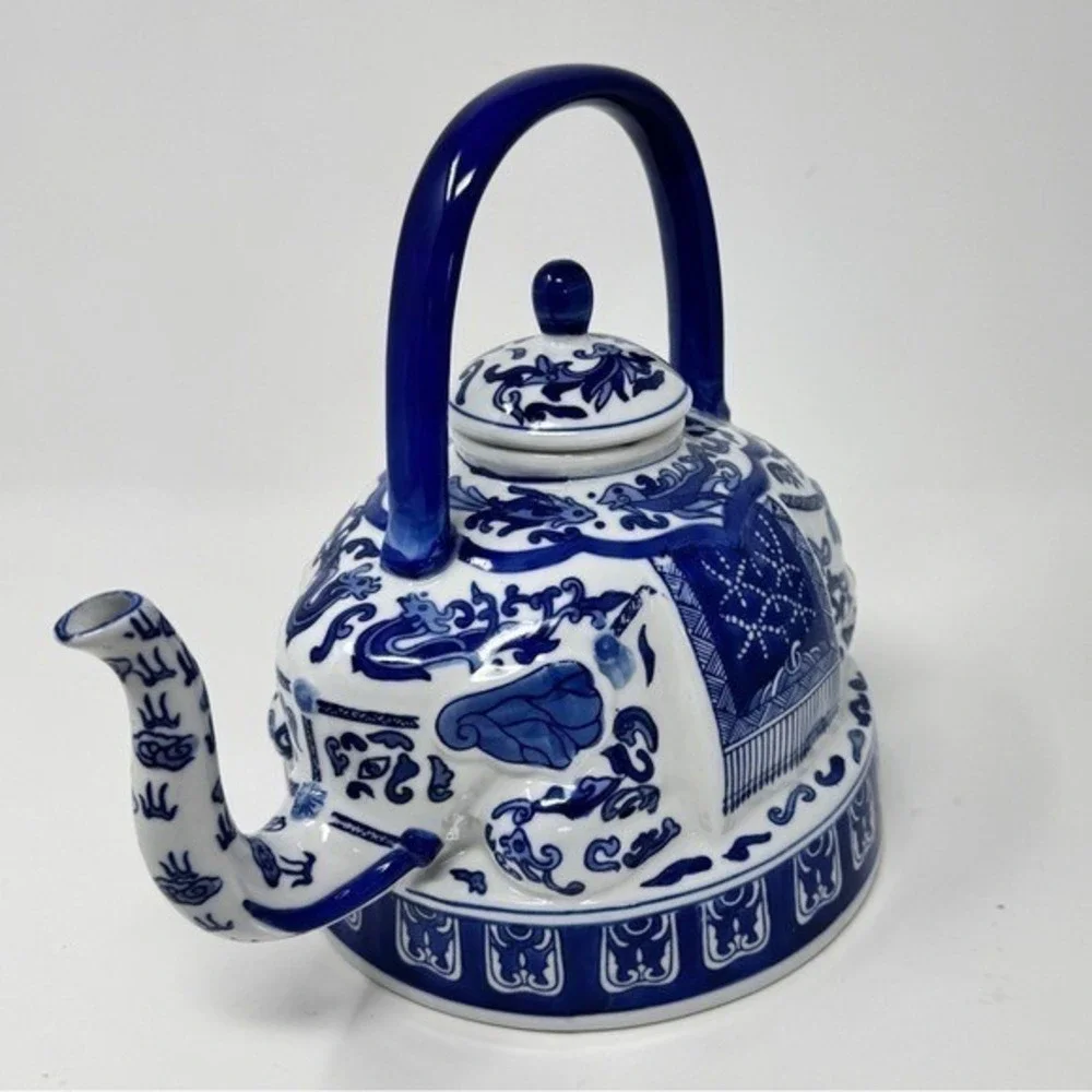 Vintage Elephant Chinoiserie Blue and White Teapot by Bombay